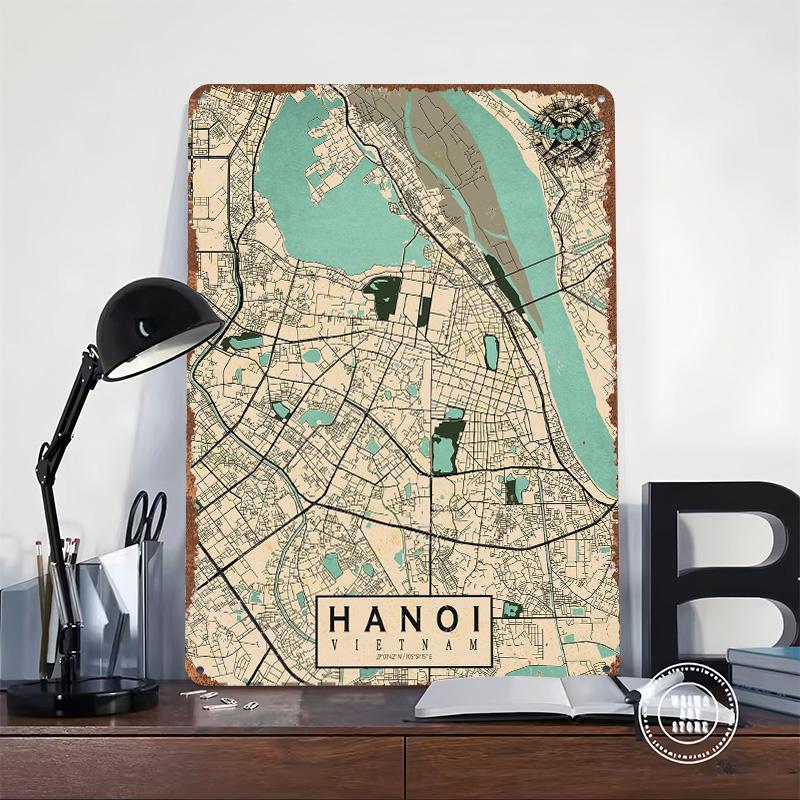 Hanoi City Map Vietnam Vintage Metal Poster Customized Wall Art Retro Vintage Tinplate Signs for Bathroom Decor Bar Accessories
