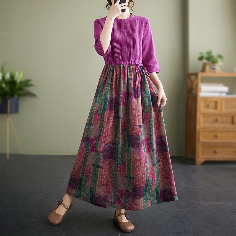 

QICED летнее модное свободное платье в стиле ретро с художественным темпераментом, тонкое льняное платье с круглым вырезом и полурукавом, женское XXL