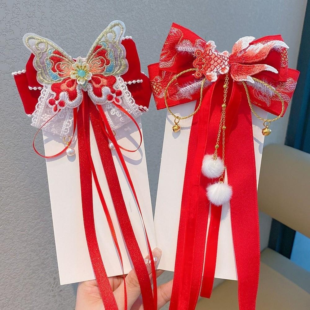 Tassel New Year Hairpin Ribbon Hanfu Hair Ornamen Cute Bow Ribbon Hair Clip  Festival