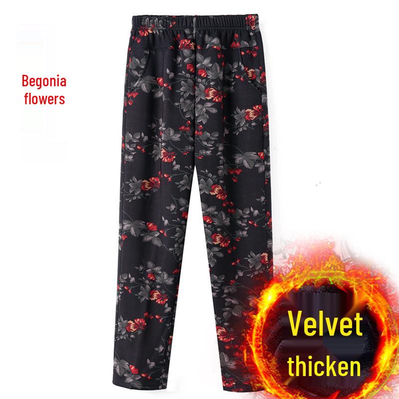 Women's Fleece-Lined Pants, Loose Straight Leg for Middle-Aged/Elderly, Patterned Plus Size, Mom's Style, Fit for All Seasons (Spring, Autumn, Winter)