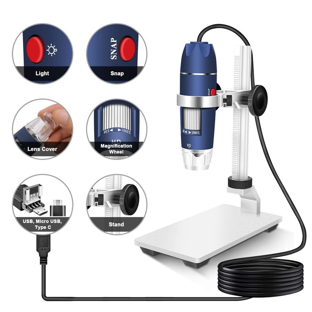 Jiusion HD 2MP USB Digital Microscope, 40x to 1000x Magnification, Portable Magnifying Endoscope Camera with 8 LEDs, Aluminum Alloy Stable Stand, OTG,