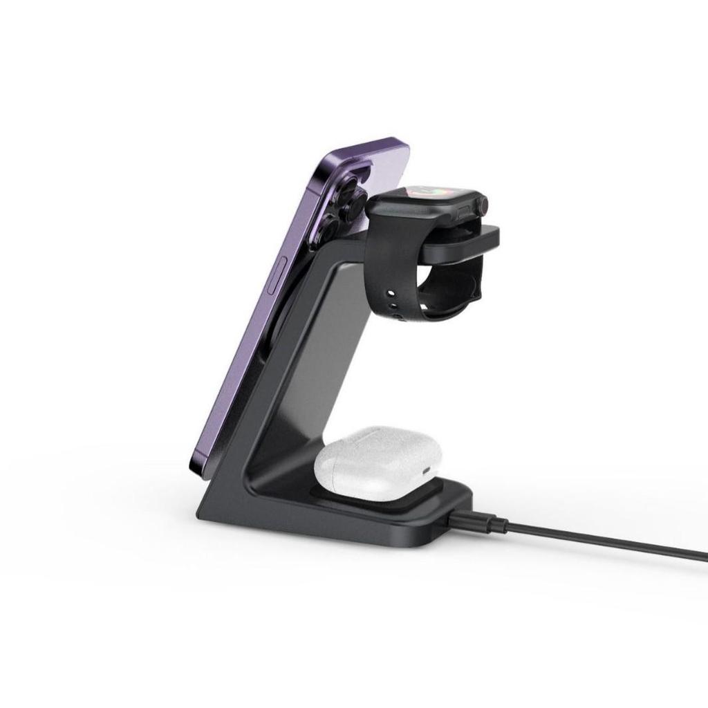 15W Magnetic Wireless Charger & Phone Holder: Compatible with Apple Earphones, Multifunctional 3-in-1 Charging Base