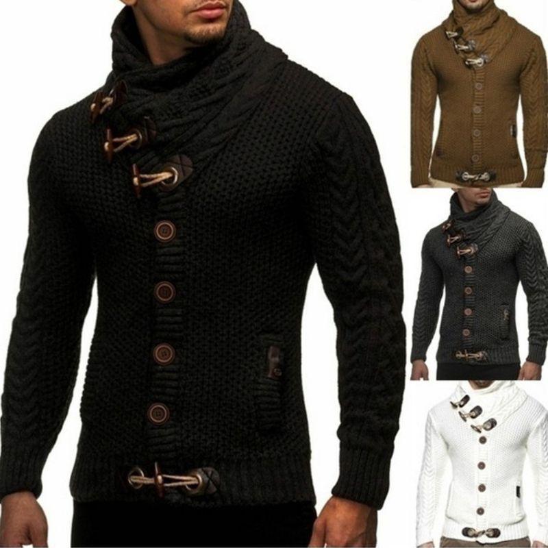 Elegant Men Long Sleeve Knitted Sweater With Horn Buttons And Turtleneck Coat Cardigan