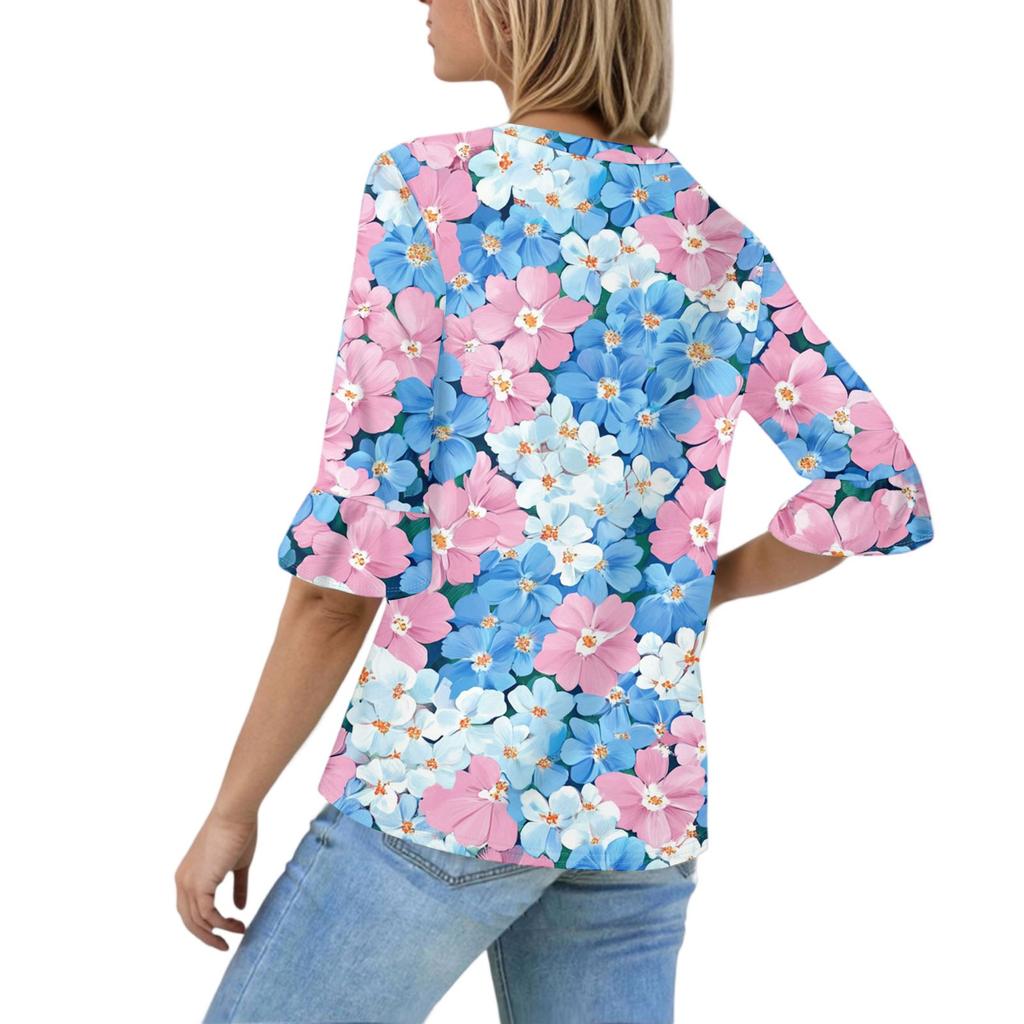 Women's Casual 3/4 Sleeve Tops V-Neck Sleeve T-Shirt Floral Print Tops