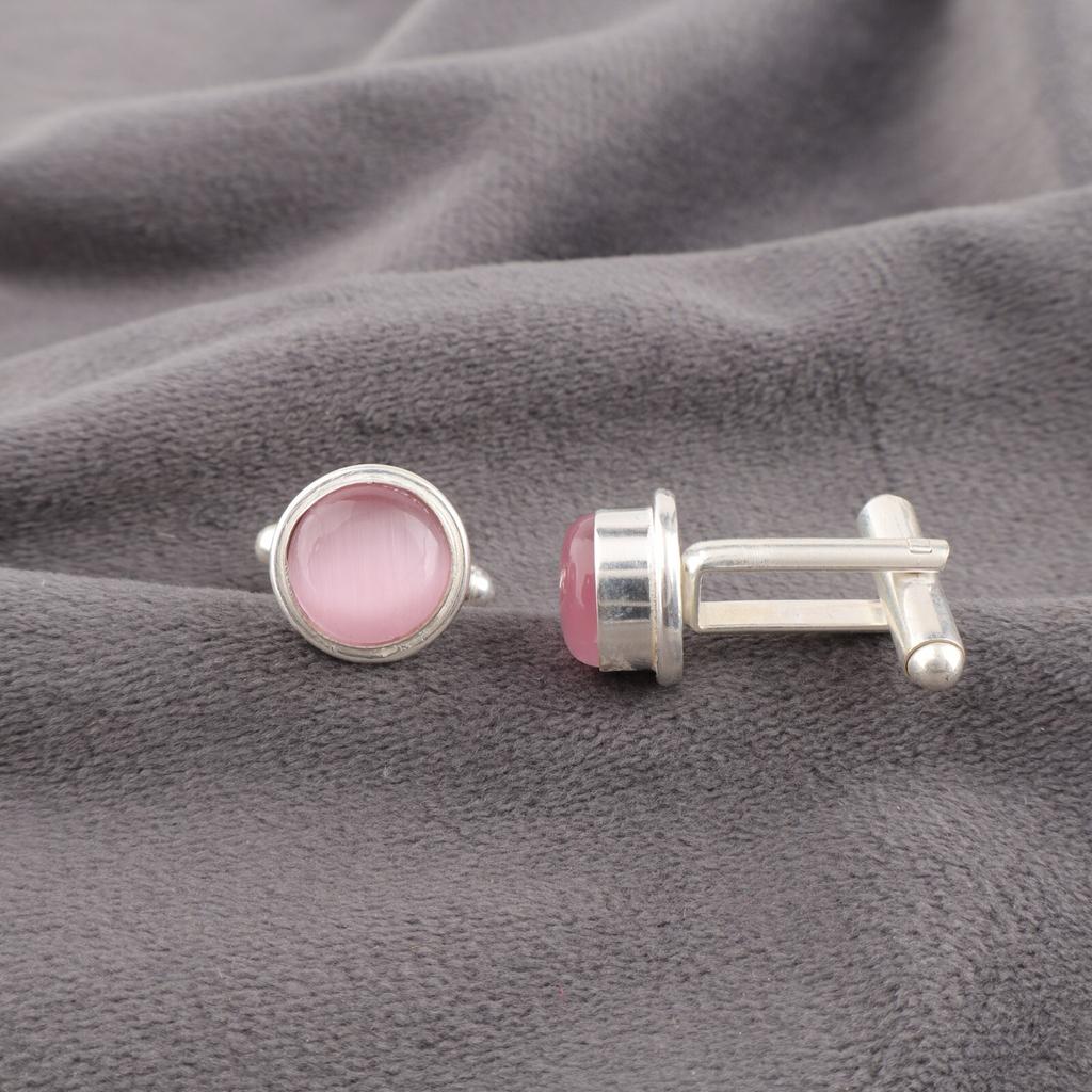 Pink Cat's Eye Gemstone 925 Sterling Silver Handmade Jewelry Bezel Set Cufflink CL-4-25