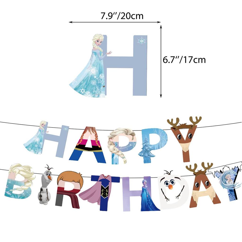 Frozen Birthday Decorations Party Set for Kids and Girls, Disney Characters 7, Princess, Olaf, Cute Blue and White Balloons, Happy Birthday Banner,