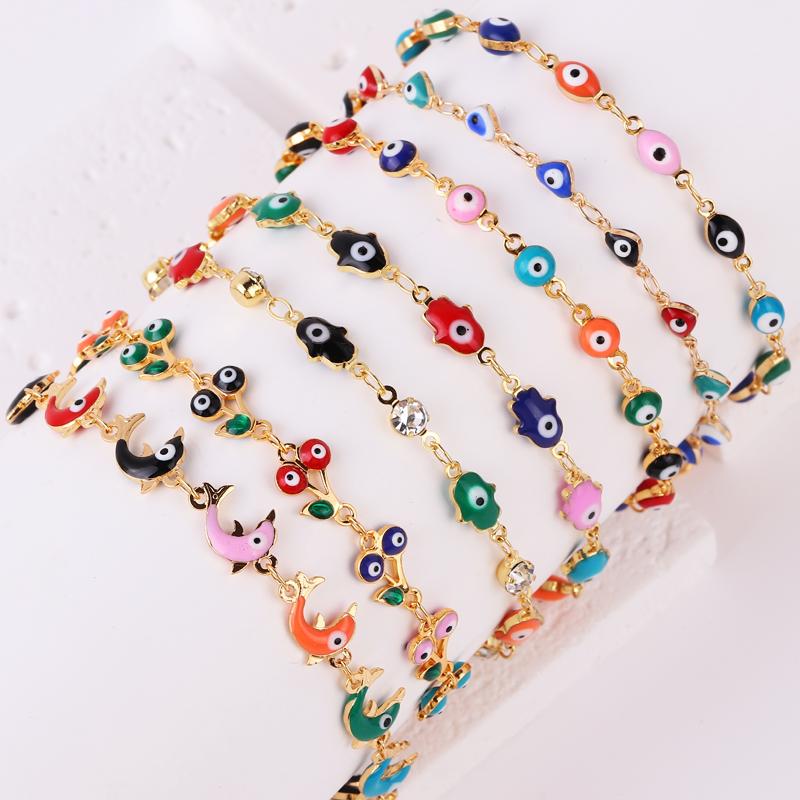 Gold Filled Mix Style Evil Eye Enamel Jewelry Gold Color Hand Turkish Chain Bracelet Boho Women Gift