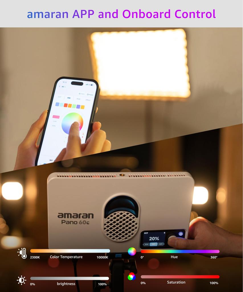 Amaran Pano 60c 60W Panel LED RGBWW luks Wysoki Regulowany PD Lekki i Kompaktowy Zestaw z Bezprzewodową Kontrolą Aplikacji, Światło Pełnokolorowe, 22 220 Jasności,