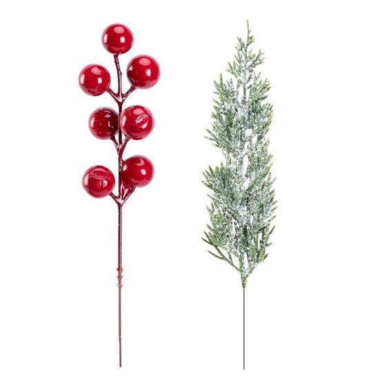 55/60Pcs Artificial Pine Branch Christmas Holly Berries Branch Faux Greenery Pine Needle Pick Fake Red Berry Stems Xmas Holiday Party Decoration