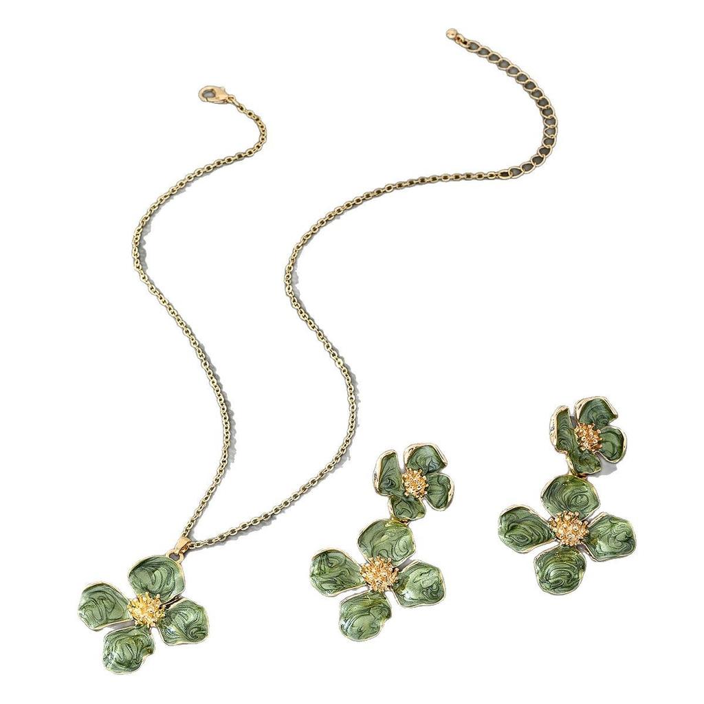 Atmospheric Green Oil-drop Flower Necklace and Earrings Set