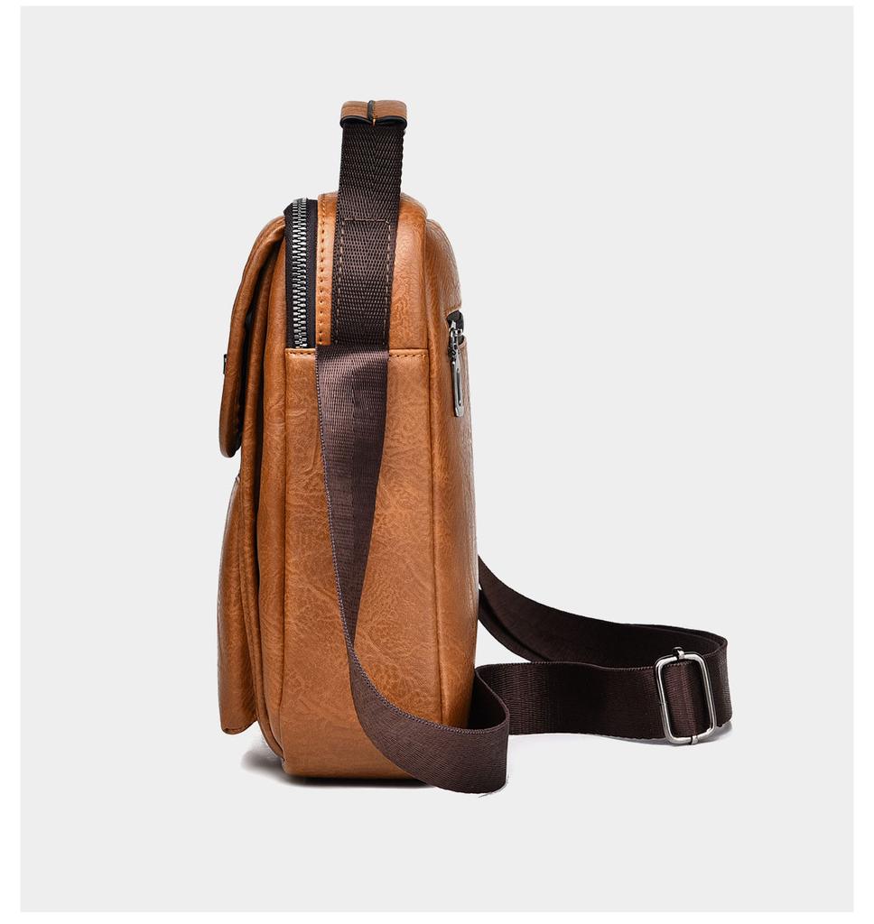 Mens Vintage Fashion Sling Bag Large Capacity Solid Pu Leather Message Bag One Shoulder Bag with Handle