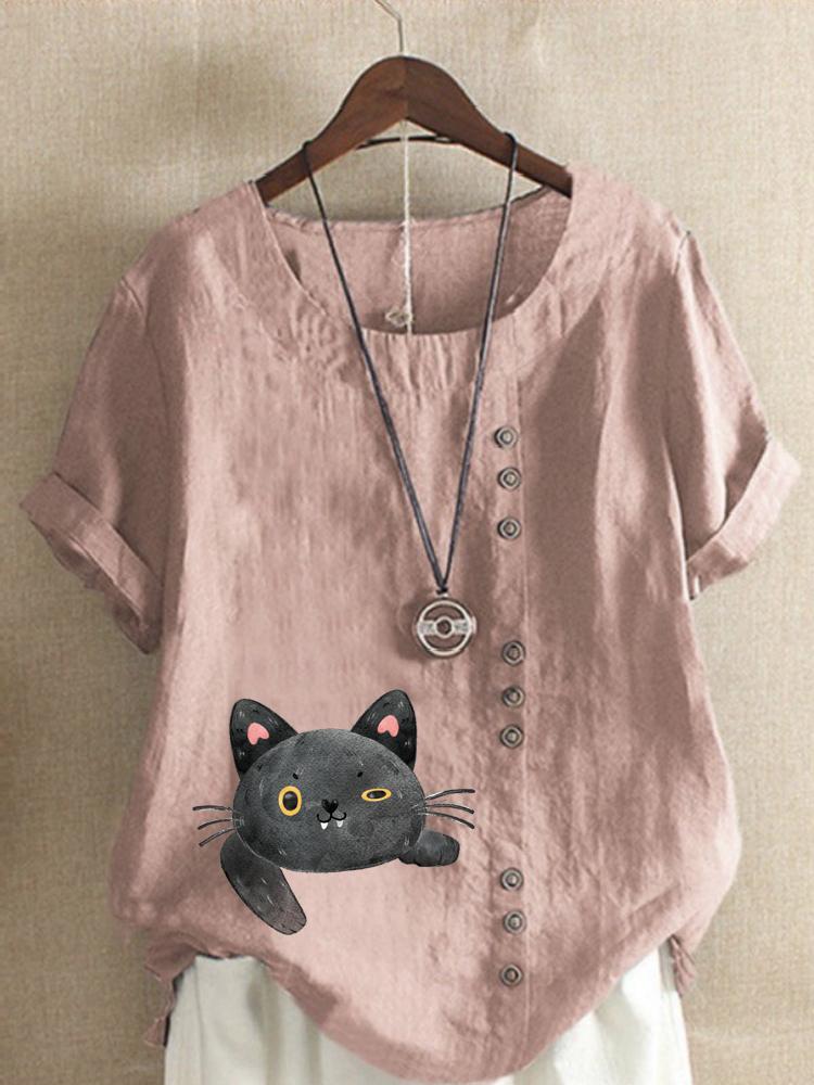 Women's Fashion Cat Printing Casual Cotton Linen Short Sleeve Round Neck T-shirt Shirt Leisure Loose Summer Blouse Tops