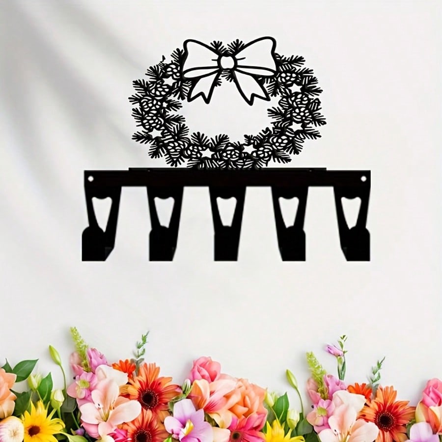 Decorative Key Holder Metal Wall Art 5 Hooks Forged Iron Entryway Decor