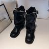 Stiefel Damen Sommer 2025 neue High-End schwarze Western-Cowboystiefel dicker Absatz plissierte Stiefel mittlerer Schaft Ritterstiefel