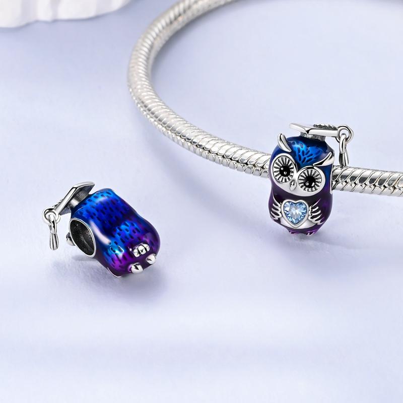 Copper Fashion Purple Owl Charms Beads Owl Safety Chain Fit Original Bracelets Diy Graduation Jewelry Gifts