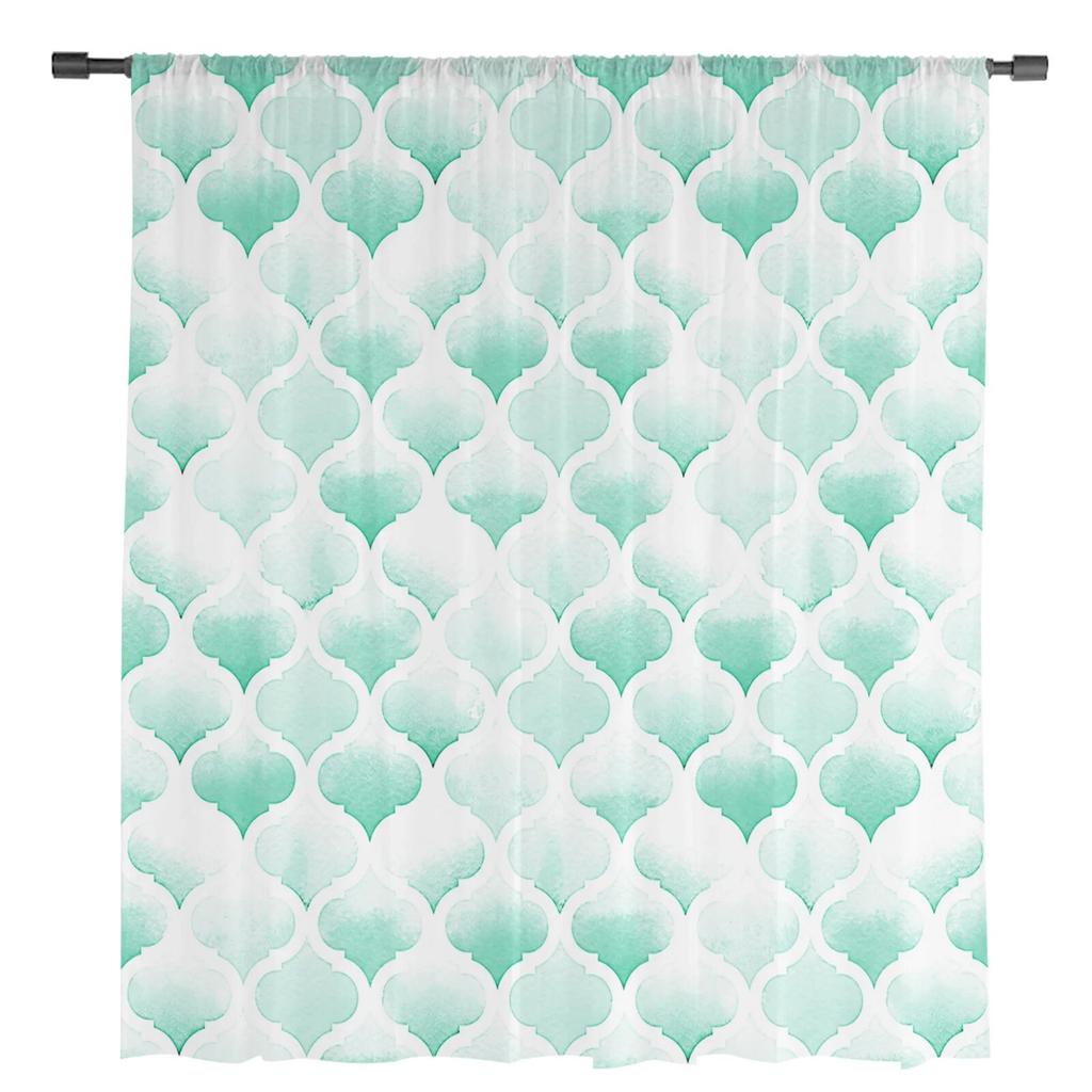 Watercolor Morocco Green Modern Art Window Tulle Curtains For Living Room Kitchen Modern Window Treatments Voile Curtains