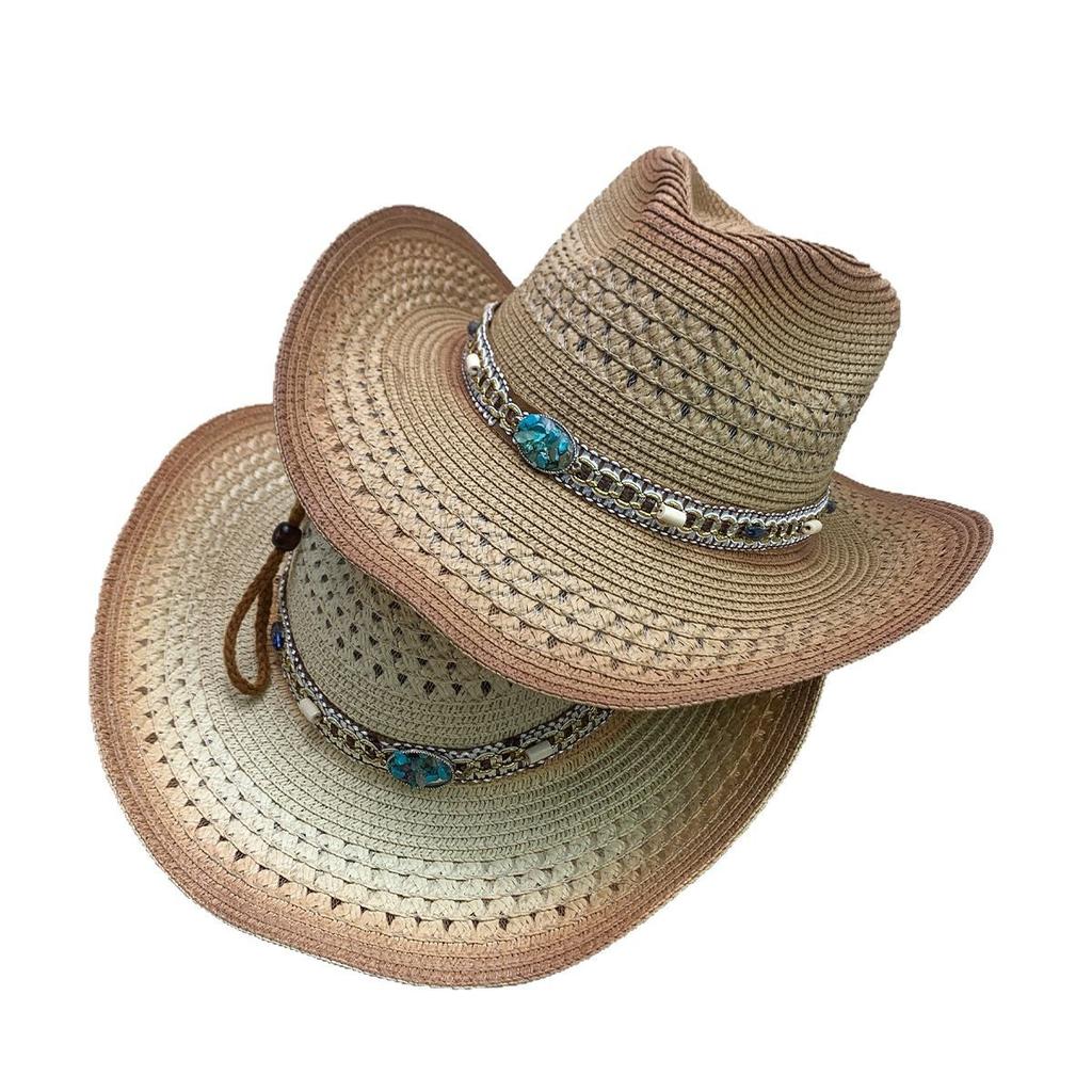 Hollow Beaded Rope Colorful Beach Cowboy Hat Men'S And Women'S Foldable Sunshade Breathable Mountaineering Straw Hat