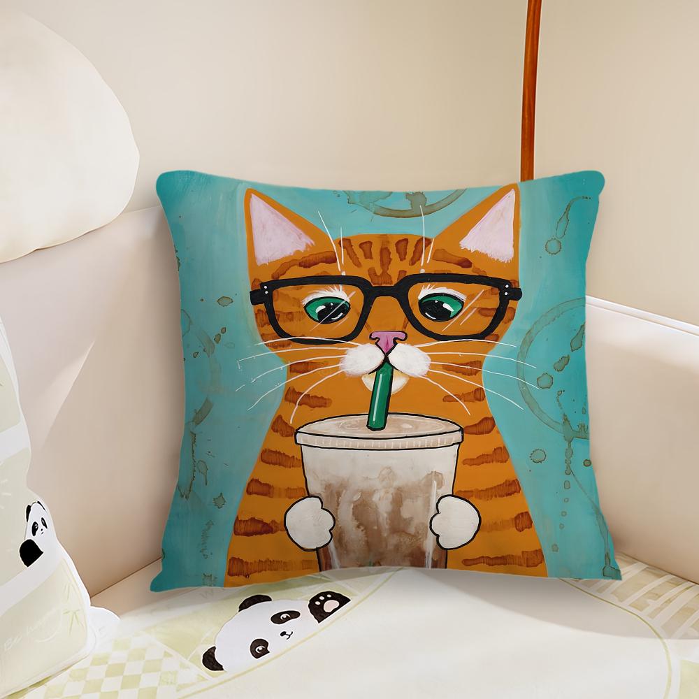 Cartoon Iced Coffee Cat Cushion Cover Plush Fabric Soft Double Sided Print Sofa Cushion Cover Throw Pillow Covers