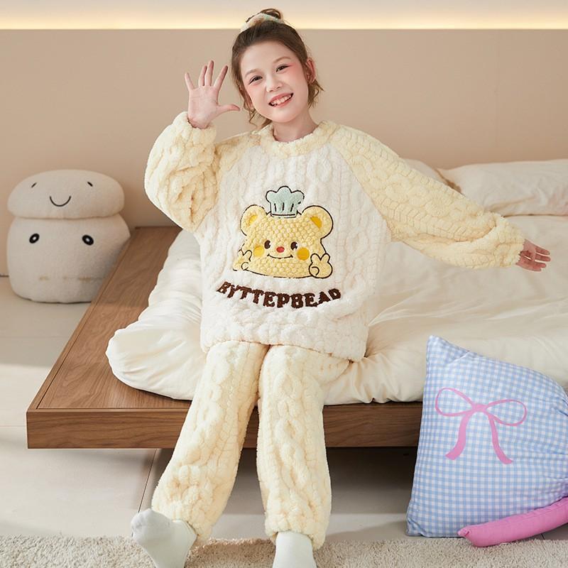 Girls Winter Warm Coral Fleece Pajama Set Long Sleeve Cartoon Print Kids Home Wear Sleepwear Ages 8