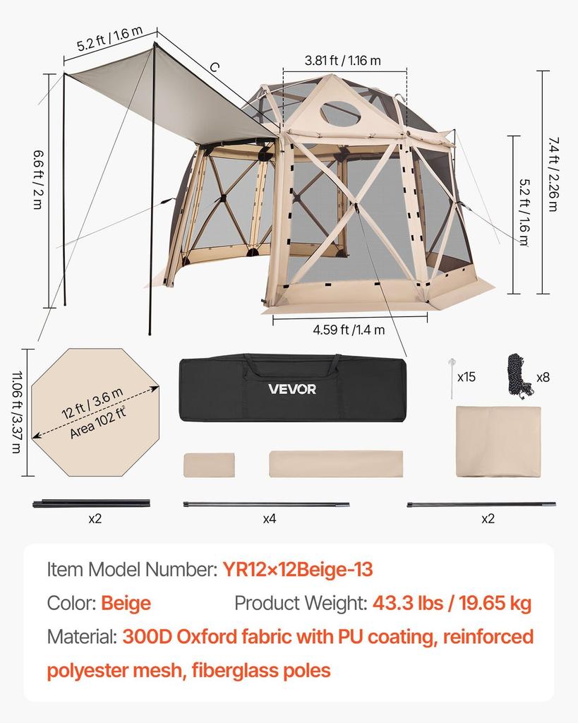 Tenda Gazebo Pop-up com Tela, 3,6x3,6 m, Tenda de Dossel de Acampamento Esférica de 13 Lados com Teto Removível e Bolsa de Transporte, Montagem Rápida e à Prova de Mosquitos, Casa de Tela Sol