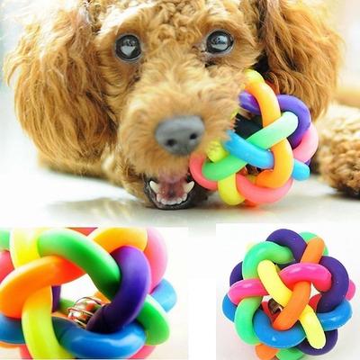 Colorful Round Pet Dog Cat Chewing Toy Rubber Knotted Ball With Bell