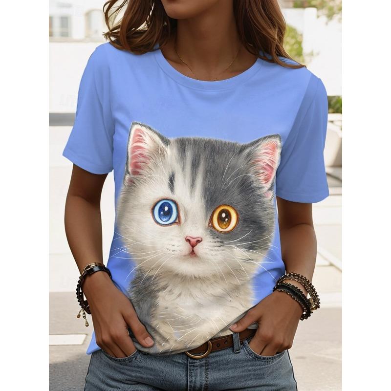 Women's Retro Cat Pattern T-shirt Cute Fashion Short-Sleeved Round Neck Top Regular Fit Daily Weekend Print Blue Summer Spring