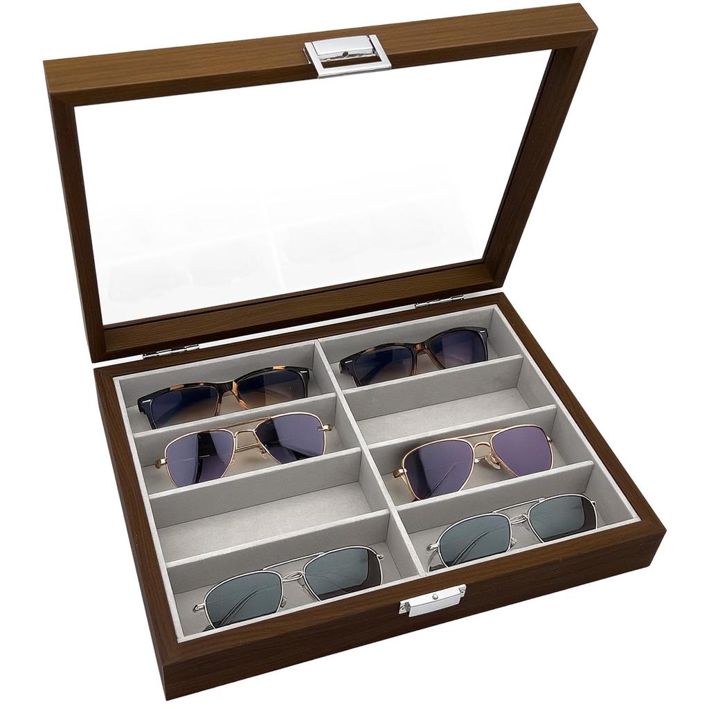 Mocamoro Sunglasses Case for 8 Eyeglasses and Accessories Storage Box with Clear Acrylic Lid and PU Eyeglass Management and Collection Case Pairs,