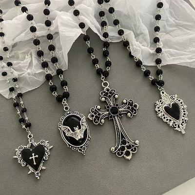 Gothic Bat Cross Pendant Necklace Women's Retro Y2K Heart-shaped Black Bead Necklace Sweater Chain