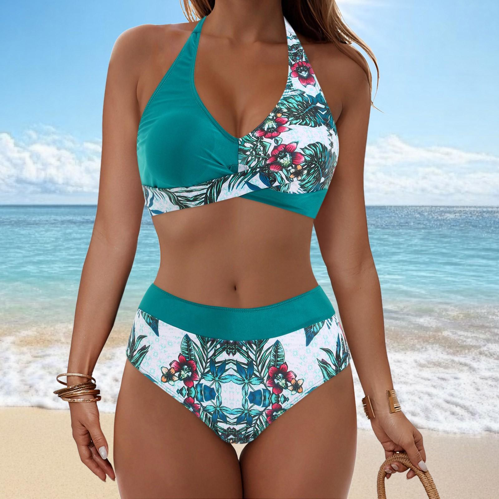 

Женский съемный купальник-бикини с высокой талией, свисающая подушка на груди, раздельный купальник с цветными блоками и принтом, комплект из двух частей XXL зелёный