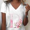 Pink Sakura 26 Alphabet Fashion Casual Tops Unisex Cherry Blossom Lover Vneck Short Sleeve Tshirt Letter R Floral Gift Clothing