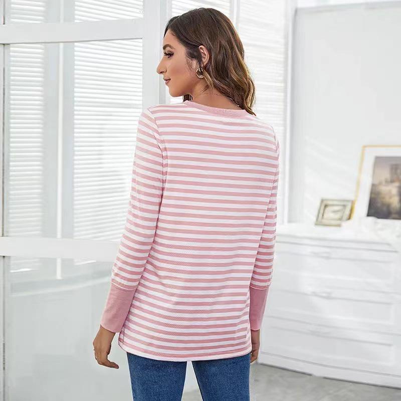 Ladies Autumn Winter Long Sleeve O Neck Striped Loose Pullover T Shirt Top with Pocket