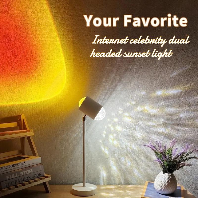 Water Pattern Sunset Ambient Light, Double Head Projection Lamp for Live Streaming and Bedroom Decoration