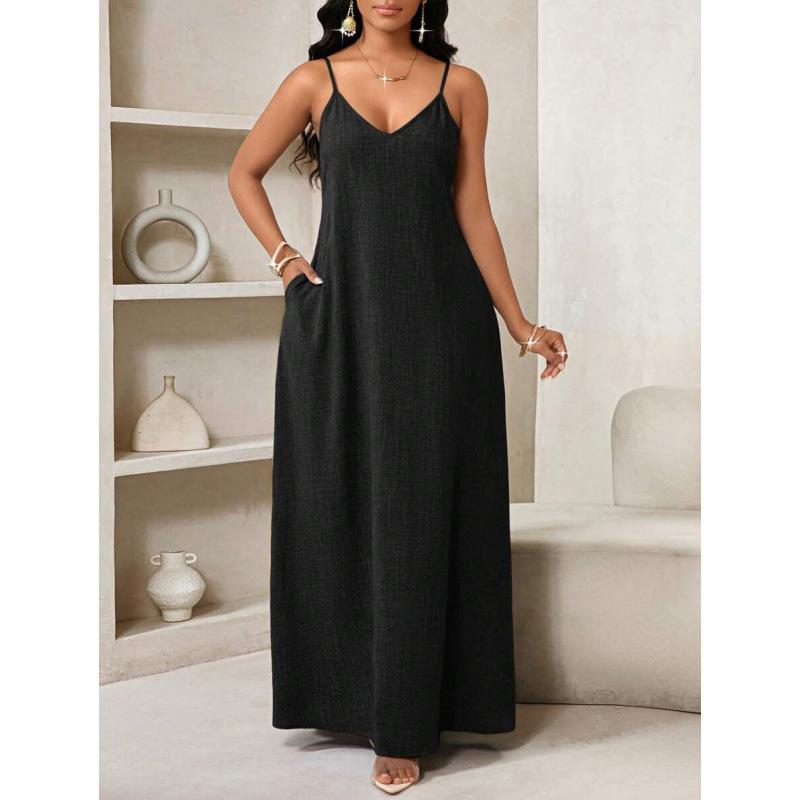European and American bohemian backless loose dress women s 2026 summer new simple skirt S чёрный