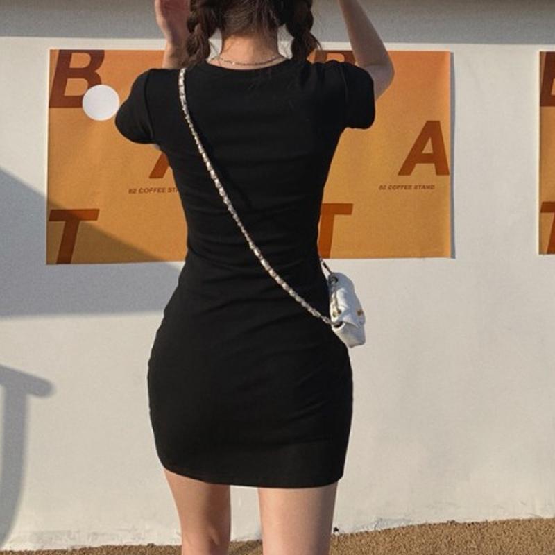 Summer U-neck Short Sleeve Dress for Women New Fashion Elegant High Waist Thin Casual Bodycon Dresses Female Solid Color Simple Party Short Dress 3595