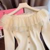 Double Ruffle Edge Flared Sleeve Knitted Sweater Women's Spring One-word Shoulder Halter Top Tight Elastic Split-ended Sweater