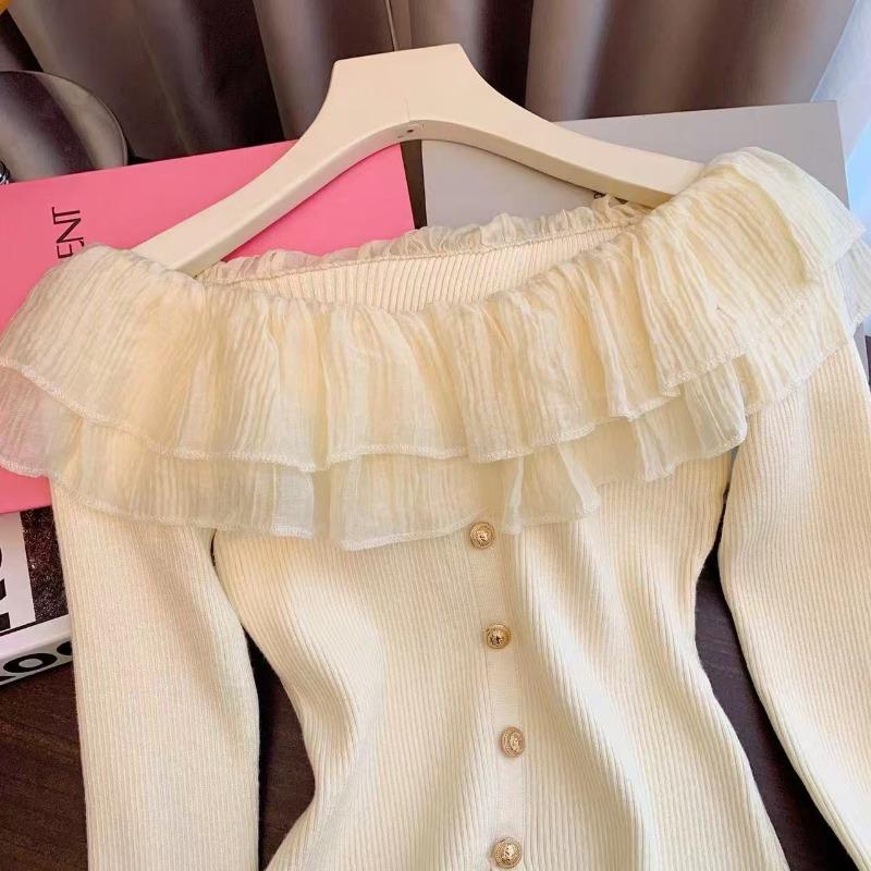 Double Ruffle Edge Flared Sleeve Knitted Sweater Women's Spring One-word Shoulder Halter Top Tight Elastic Split-ended Sweater