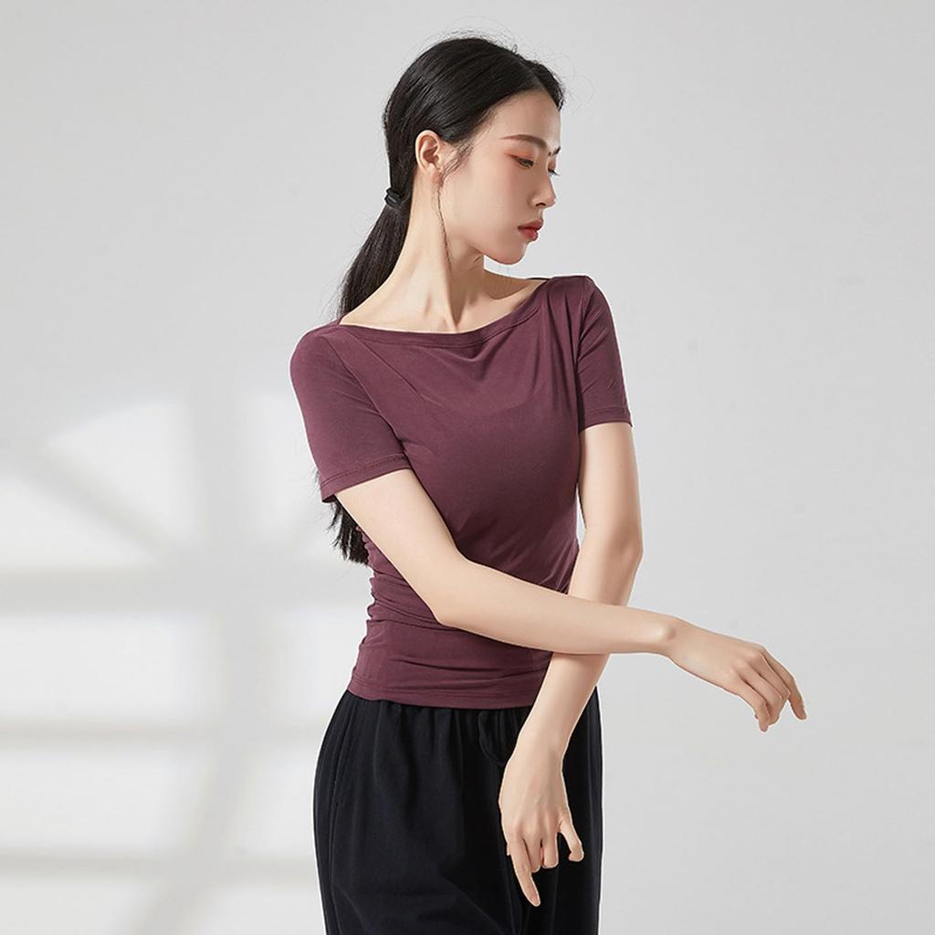 Yuoku Ballet Dance Short Sleeve Boat Neck Practice Stretch Dance Solid Classical Ballroom Dance Elastic Boat Women's Costume, Top, Wear, Top, T-Shirt,