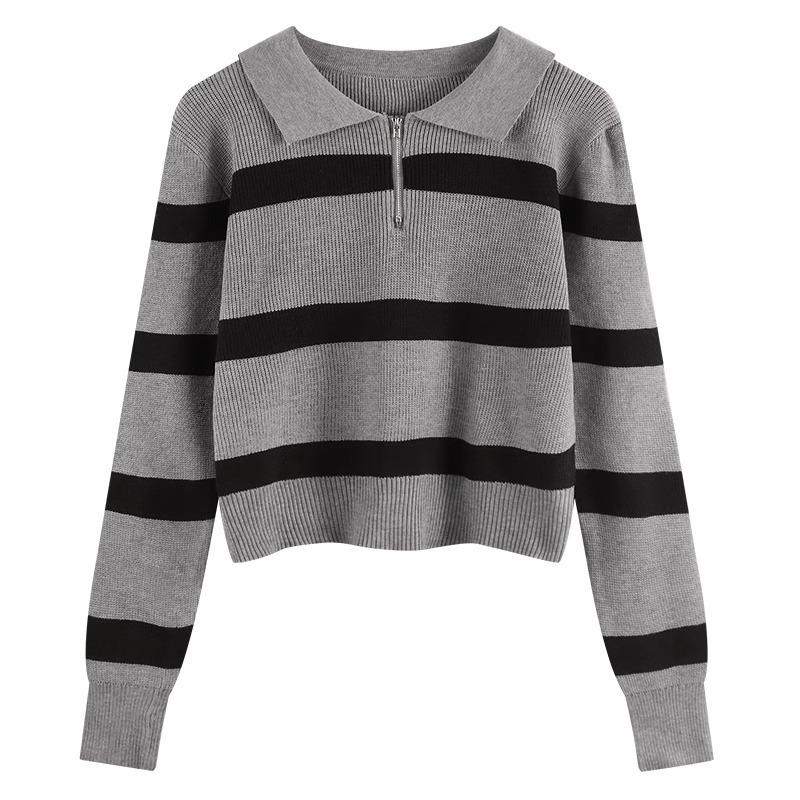 Bottom Shirt Autumn Winter Loose Polo Collar Striped Sweater New Design Zipper Short Top for Women