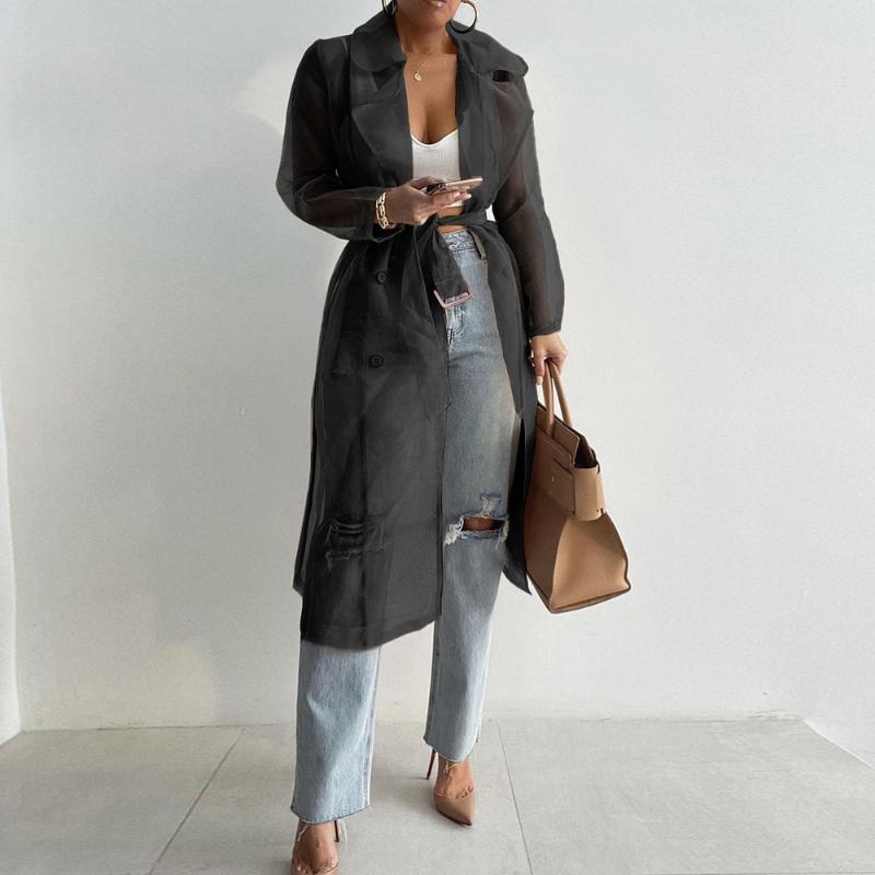 Elegant Fashion See Through Cardigan Long Shirt with Belt Notched Collar Women Blouse Thin Long Sleeve Summer Loose Clothes 26544