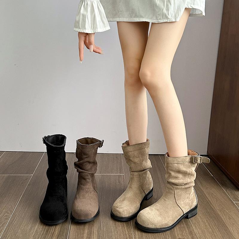 Retro suede pleated piled boots women's 2025 autumn new thick-soled thick-heeled thin western cowboy medium boots