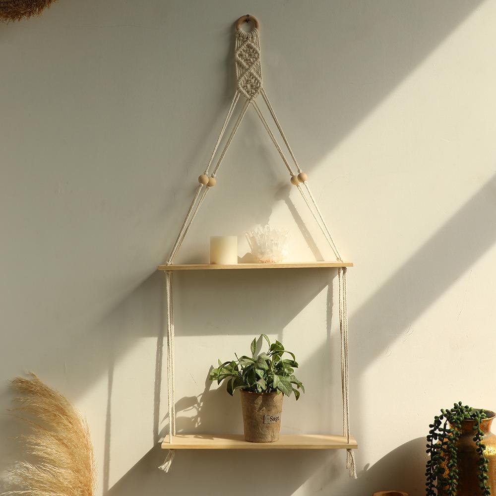 Wood Wall Shelf Macrame Floating Wall Shelf Hanging Shelves Plant Corner Holder Display Stand Room Decor Boho Home Decoration