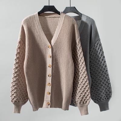 Women's Autumn and Winter V-neck Sweater European and American Solid Color Single-breasted Balloon Sleeve Cardigan Sweater