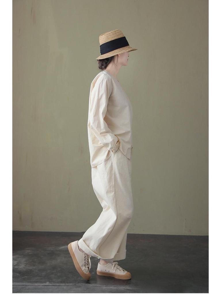 Women's Three-Season Retro Elastic Waist Wide-Leg Pants - Simple and Stylish In Raw Embryo Color