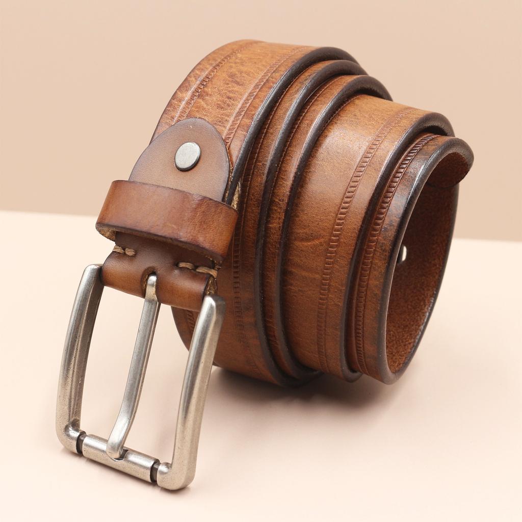 Embossed Retro Old Fashion Trendy and Personalized Cowhide Leather Belt Men's Genuine Leather Pin Buckle Jeans Belt Men's Style