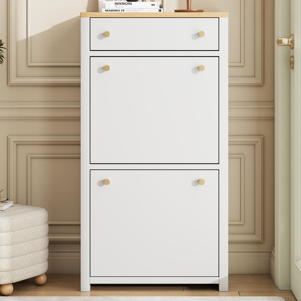 Modern Shoe Cabinet with Drawer, 2 Flaps, Adjustable Shelves and Metal Handles, White/Wood Look, for Hallway & Entryway, 50 x 24 x 95 cm