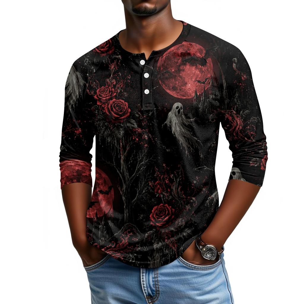 Men Casual Halloween Print Henley Shirt Raglan Three Quarter Sleeve Top Lightweight Comfortable Fabric