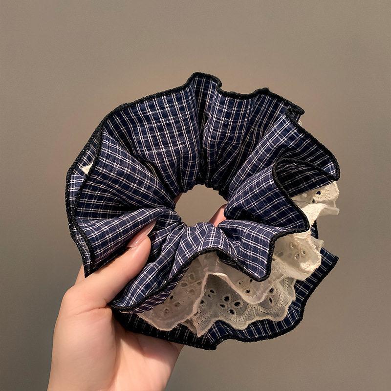 1 Pcs Coffee-Colored Plaid Vintage Lace Scrunchie, Navy Plaid Literary Girl'S Hair Flower High Ponytail Hair Tie Accessory