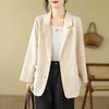 Blazers Casuales de Algodón y Lino Chaqueta para Mujer Primavera Retro Color Sólido Holgado Combinable Blázer Top