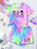 Comodo Set Estivo a 2 Pezzi per Bambine Tie-Dye con Stampa K-POP: Maglietta a Maniche Corte e Pantaloncini con Vita Elastica, Morbido, Traspirante, per Uso Quotidiano e Scolastico