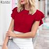 ZANZEA Blusa Casual de Verano para Mujer con Cuello Redondo y Manga Corta con Parche